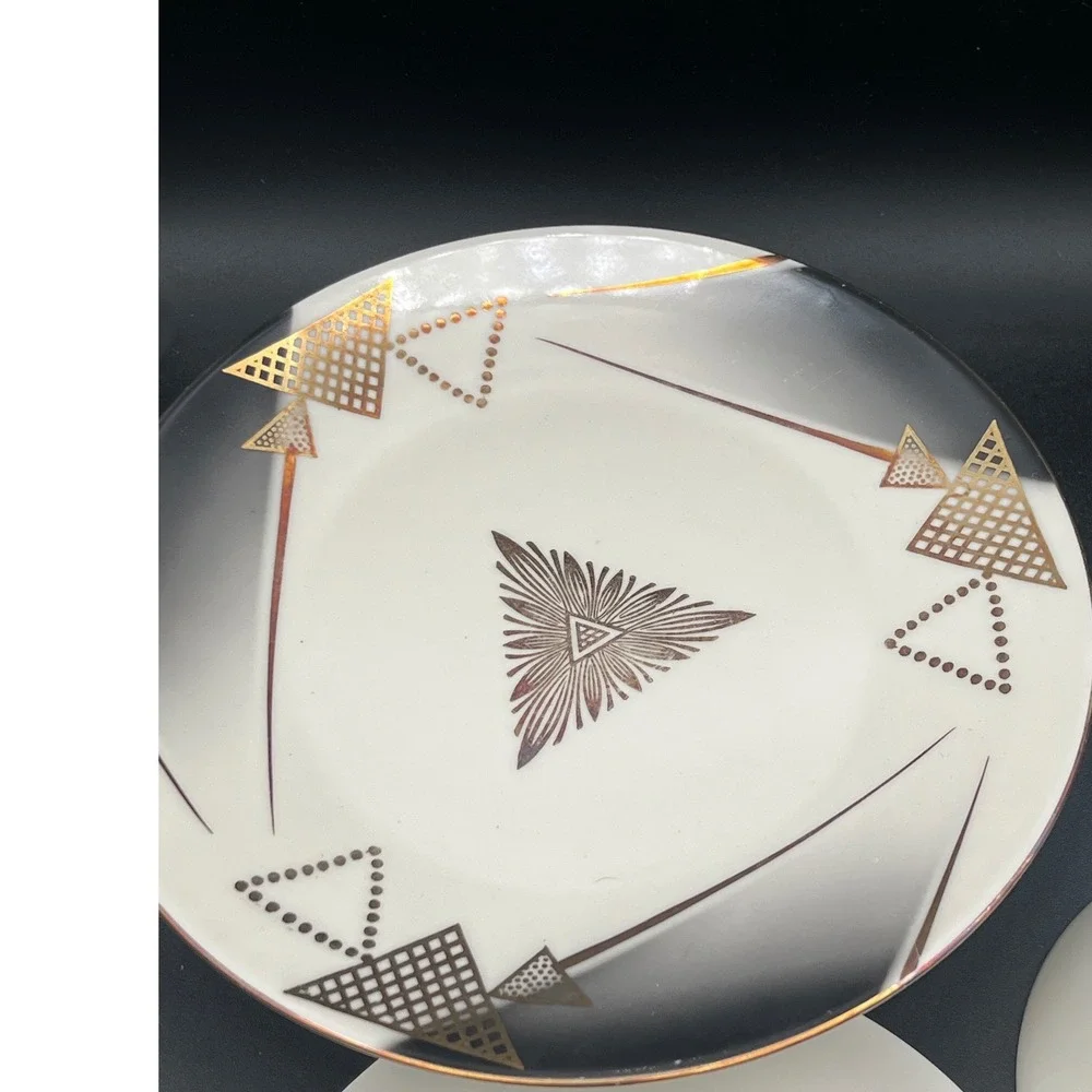 Seltmann Vohenstrauss Bavaria Porcelain Tea cup Set Trio Gold Geometric 3305 MCM